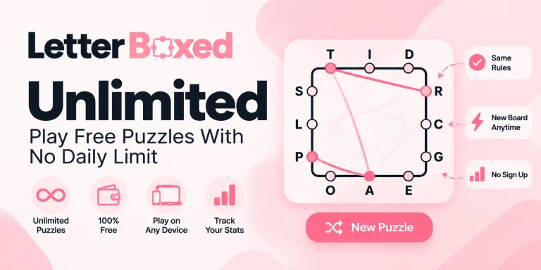 Letter Boxed Unlimited banner featuring a word puzzle board and free unlimited puzzles.